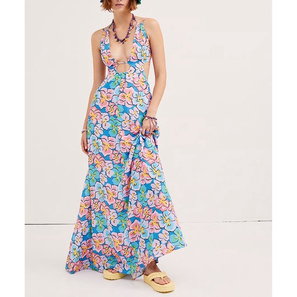 For Love & Lemons Dress Women's Medium Yasmin Open-Back Floral Maxi Sexy Cut Out